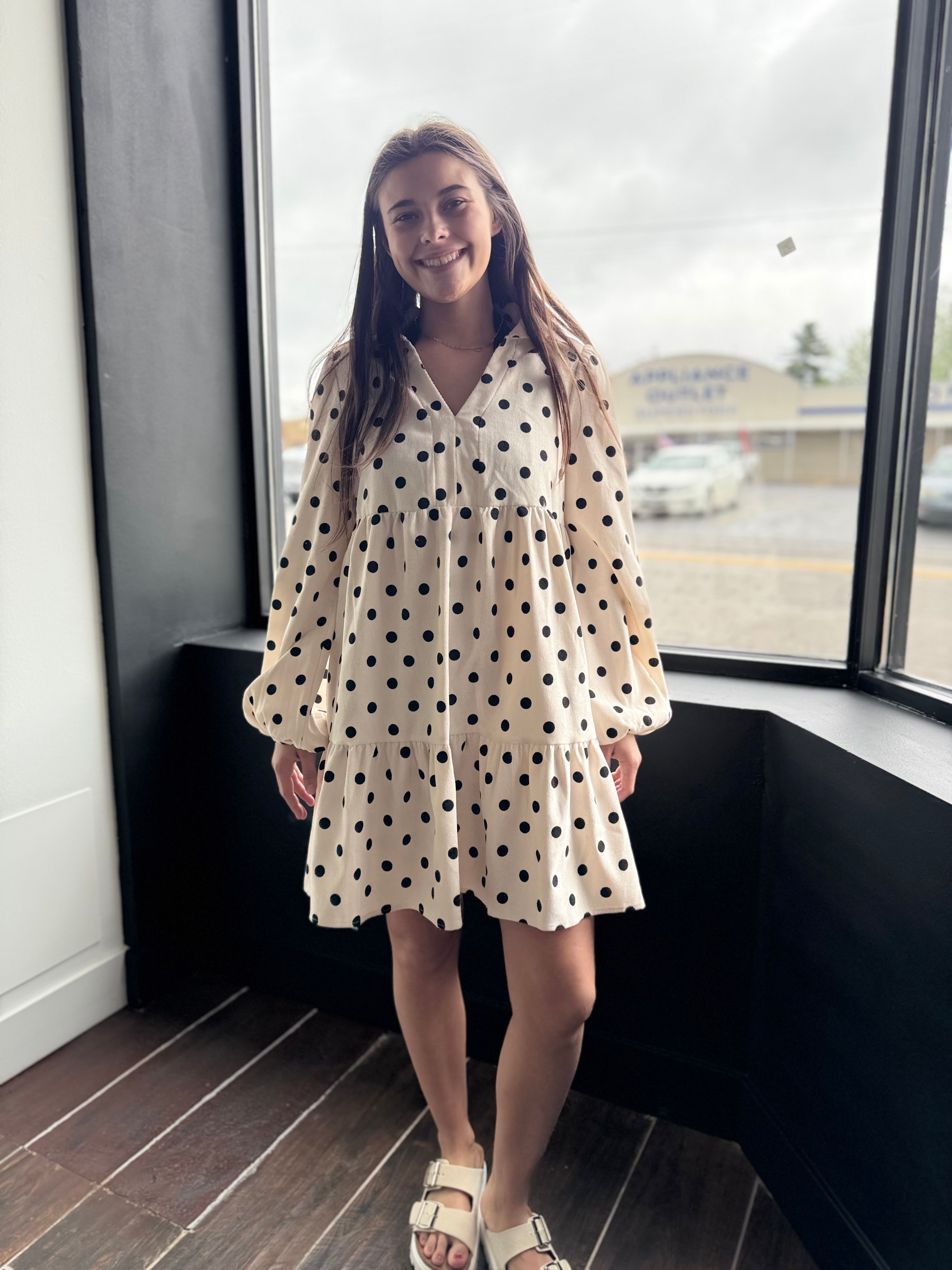 Polka Dot Corduroy V Neck Dress
