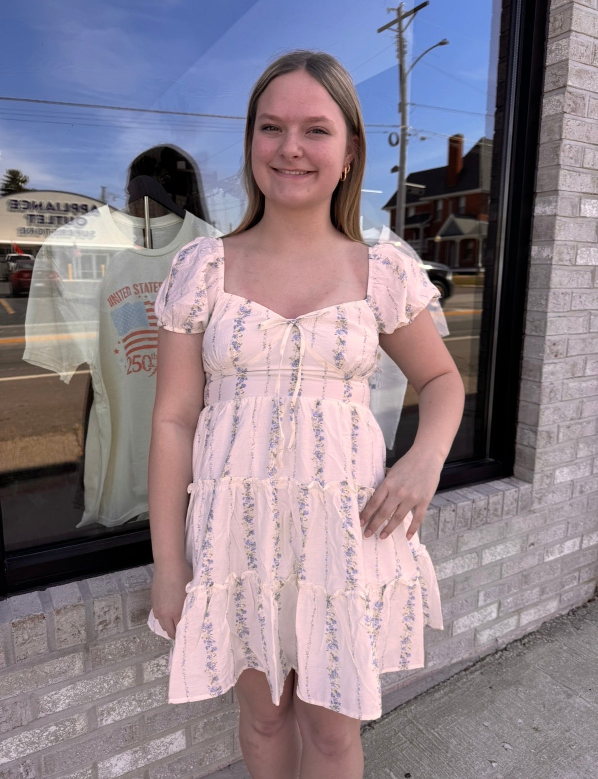 Stripe Floral Puff Sleeve Tiered Mini Dress