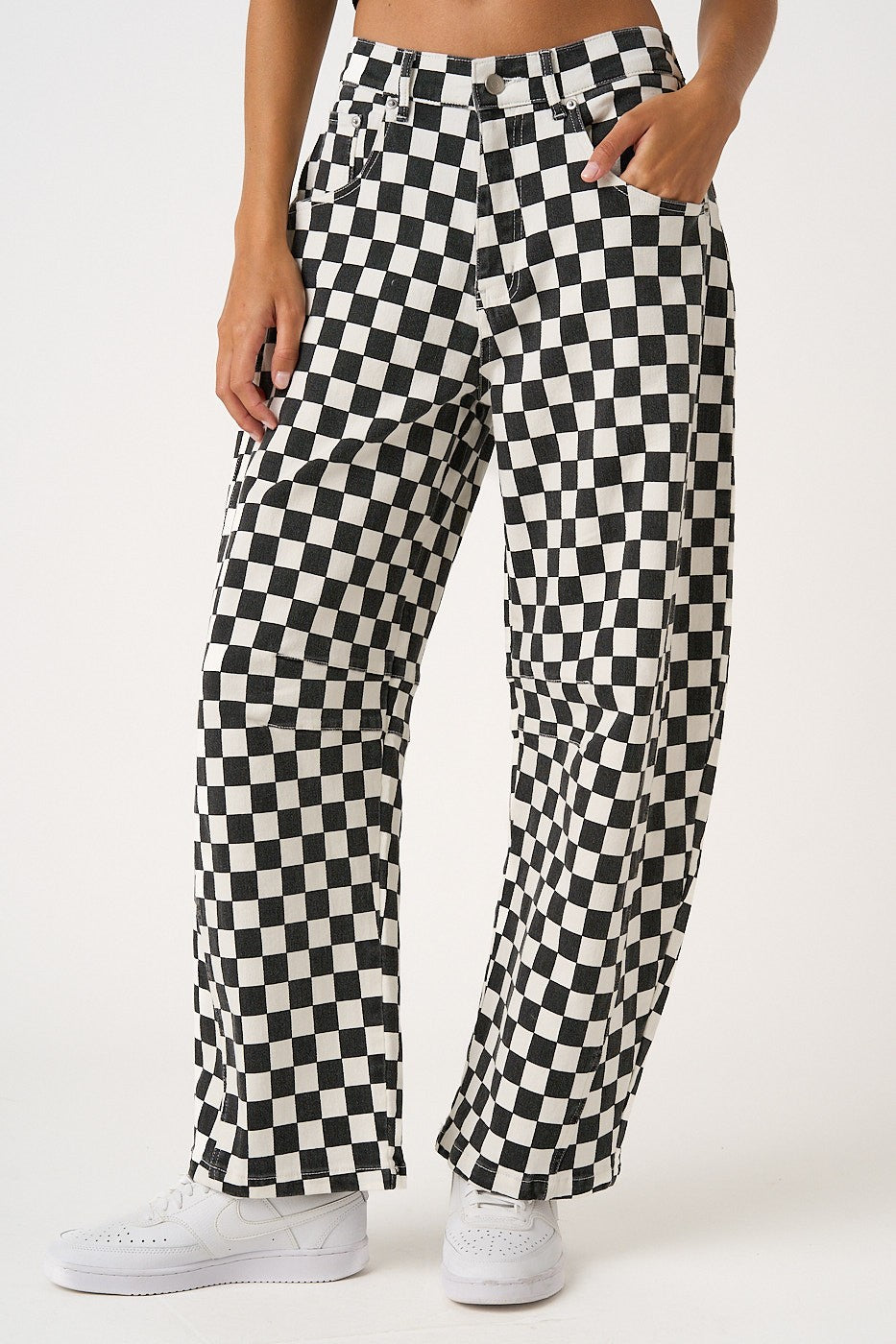 Checkered Elastic Waist Barrel Pants