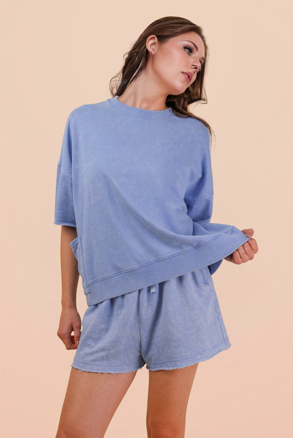 Mineral Washed Knit Casual Top & Shorts Set