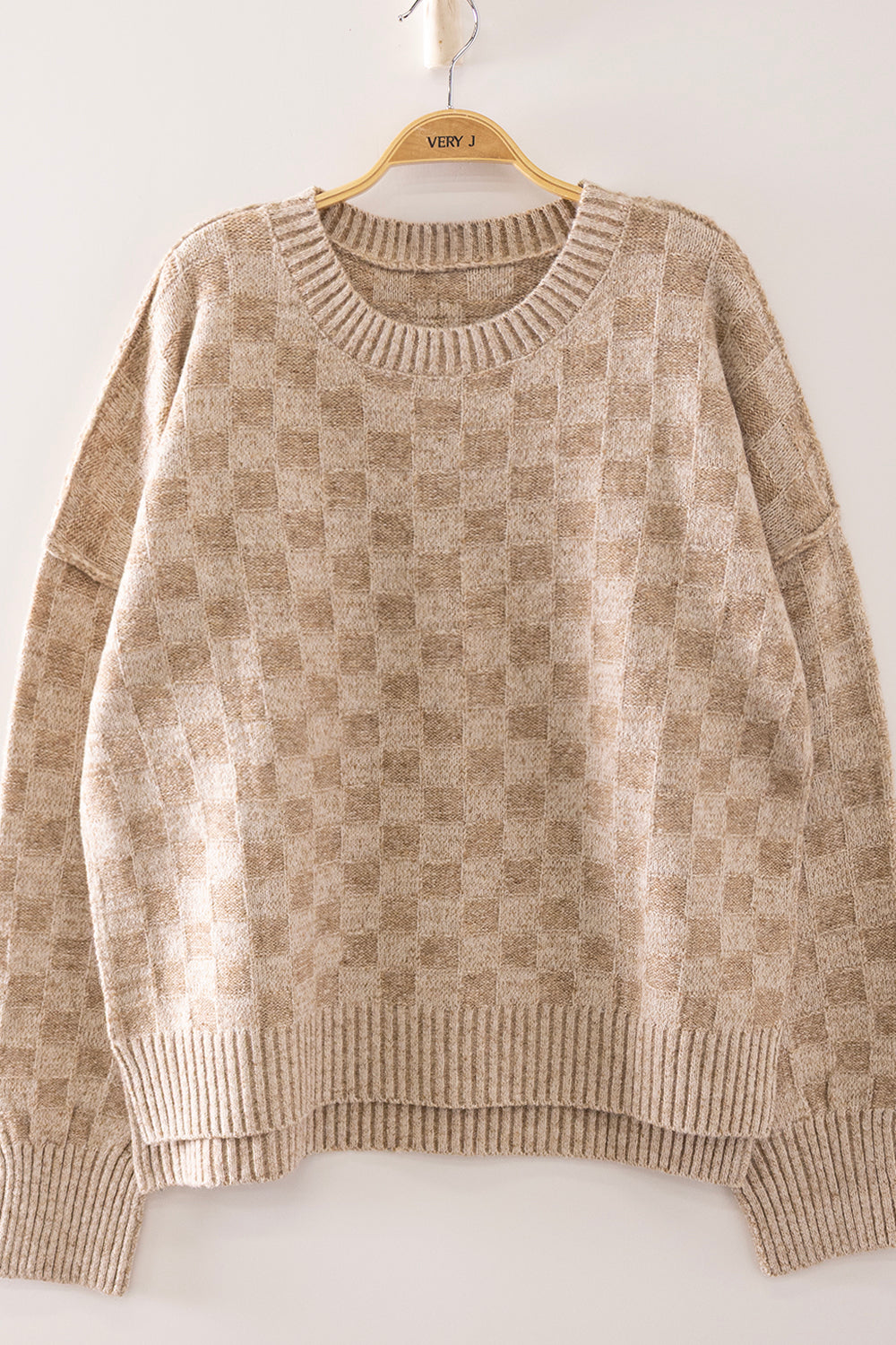 Soft Mocha Checkered Print Sweater