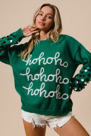 Spangled Sleeve Tinsel Lettering Christmas Sweater