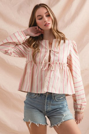 Front Tie Round Neck Stripe Blouse Top