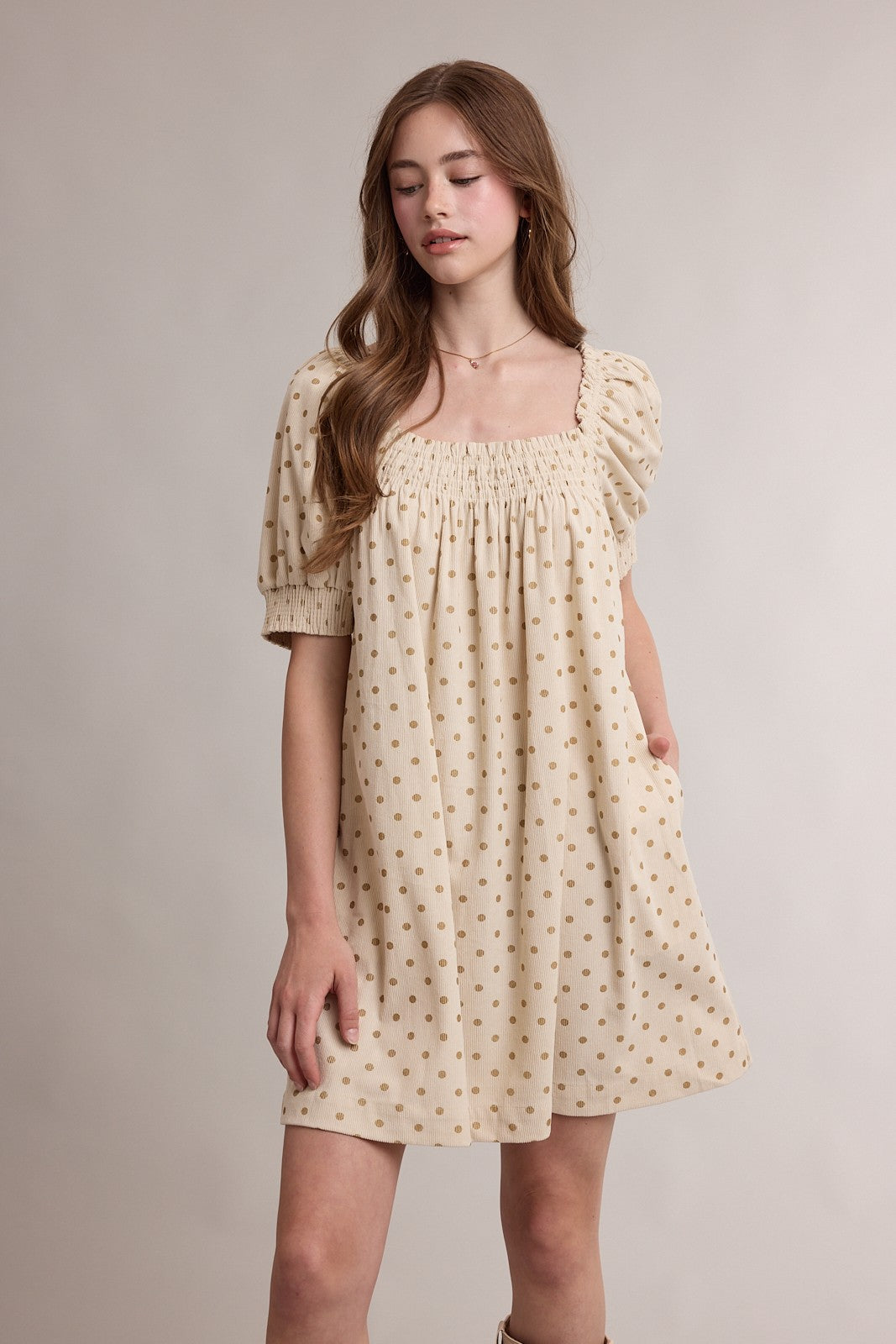 Polka Dot Corduroy Smocked Mini Dress