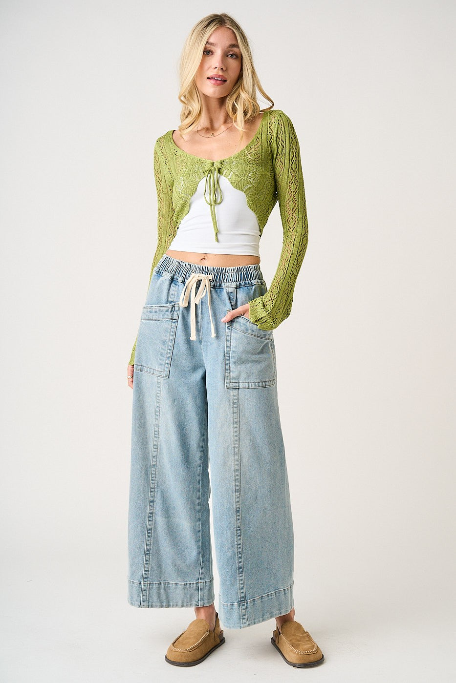 Light Wash Elastic Waist Drawstring Pants