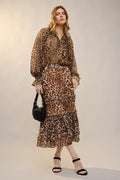 V-Neck Ruffle Tie Leopard Print Sheer Peasant Blouse