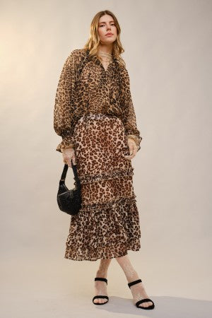 V-Neck Ruffle Tie Leopard Print Sheer Peasant Blouse