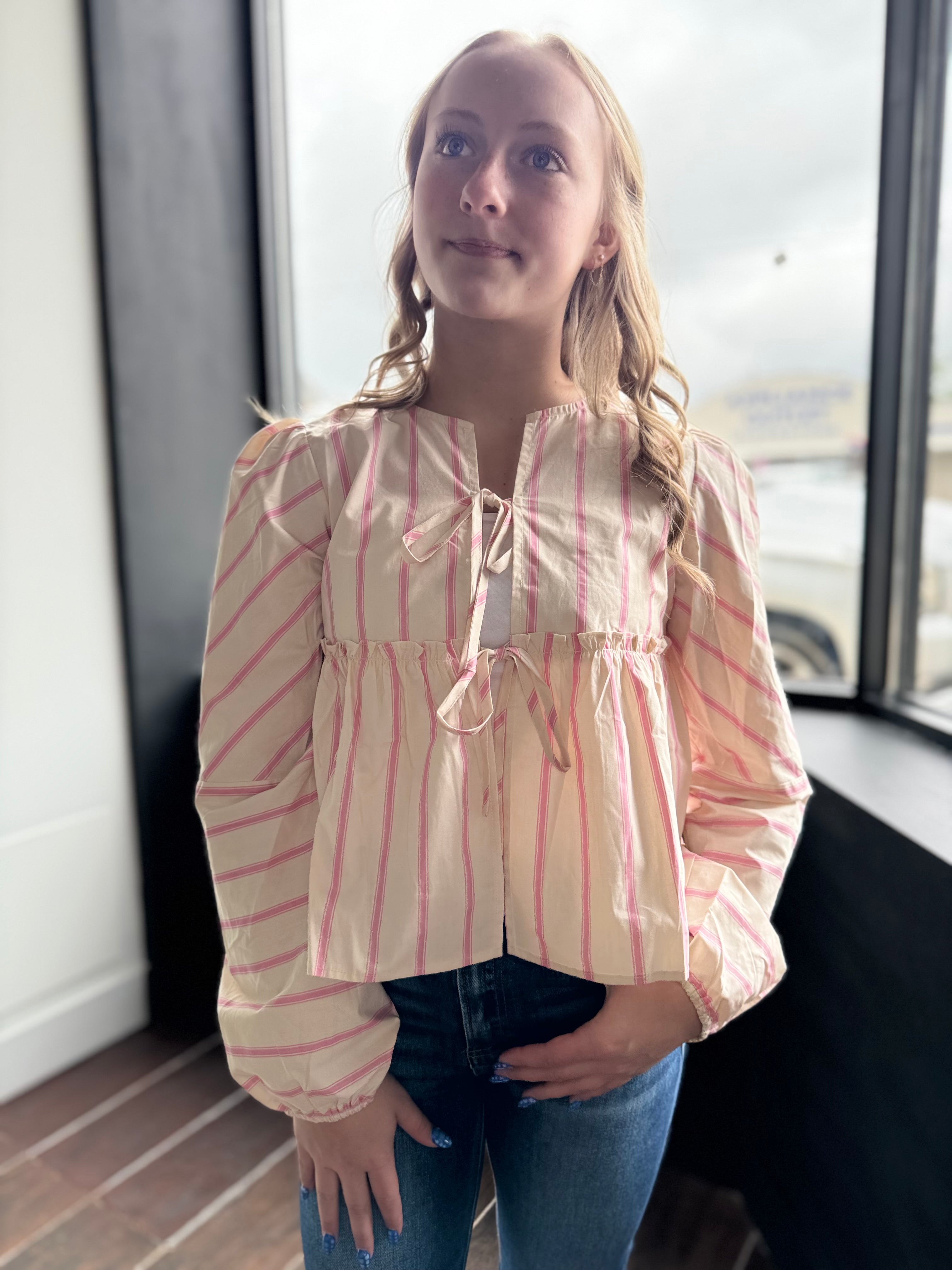 Front Tie Round Neck Stripe Blouse Top