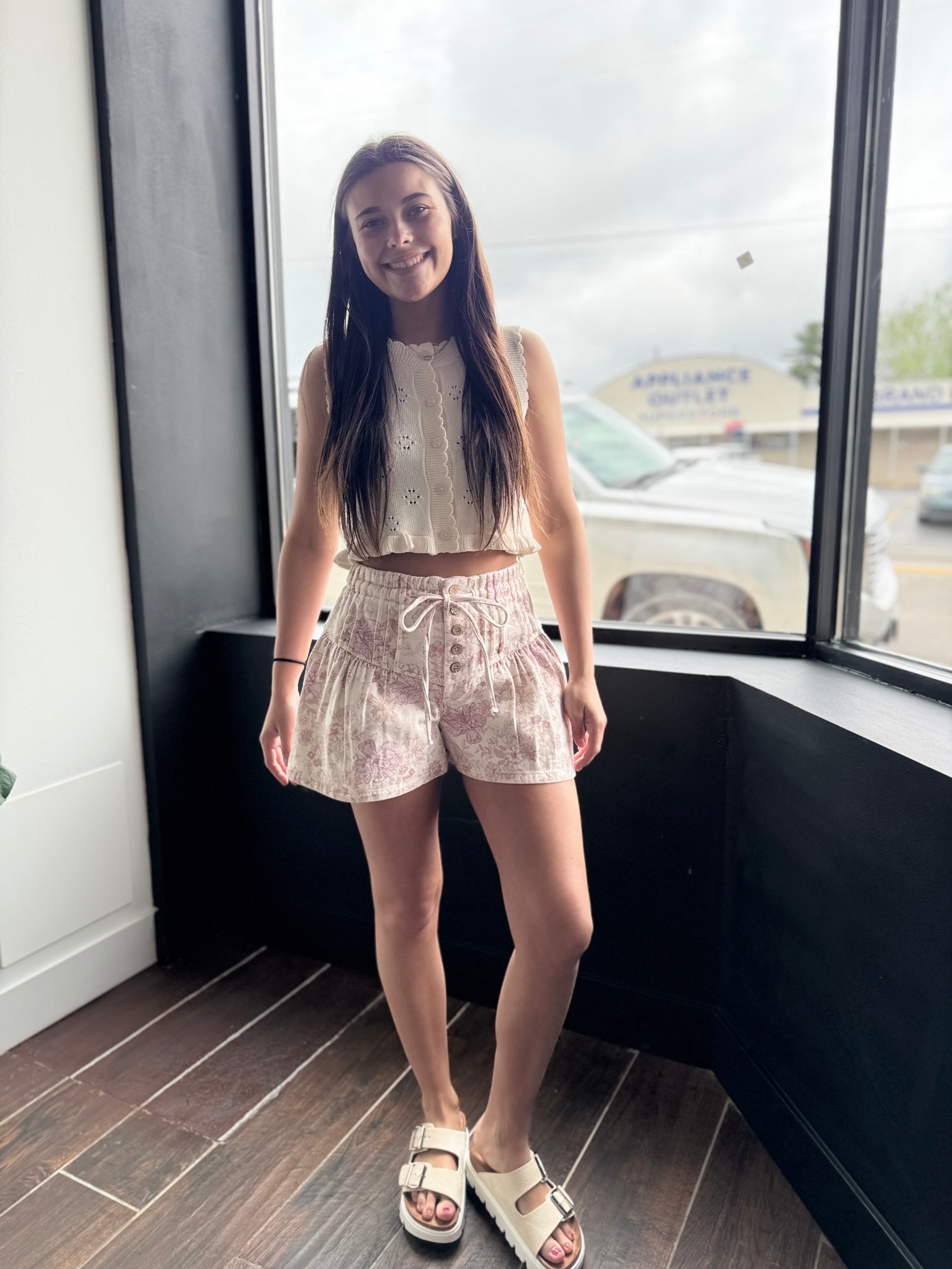 Floral Cotton Twill Elasticized Waist Shorts