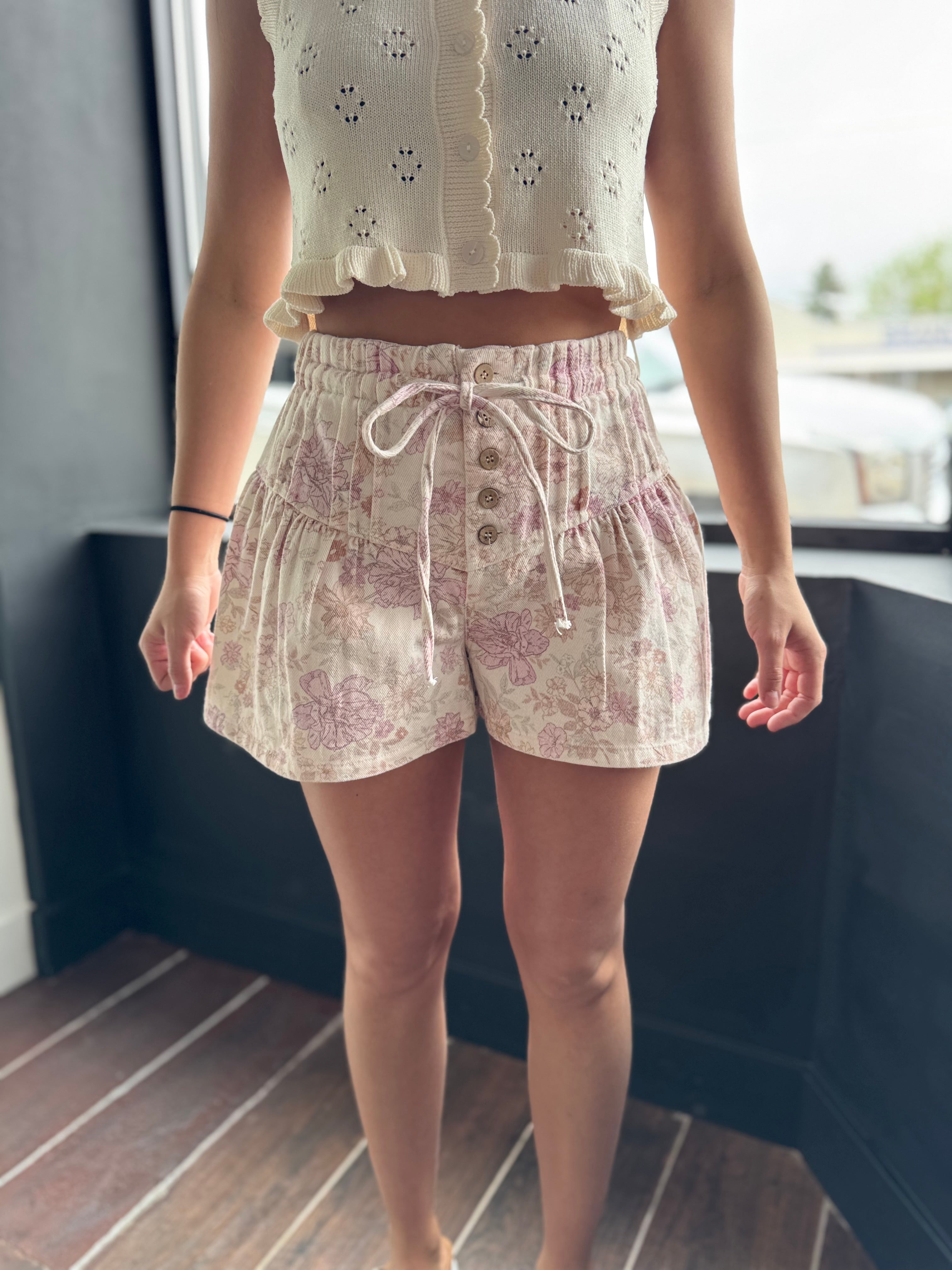 Floral Cotton Twill Elasticized Waist Shorts