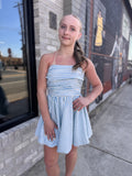 Striped Elasticized Smocked Bodice Strapless Dress