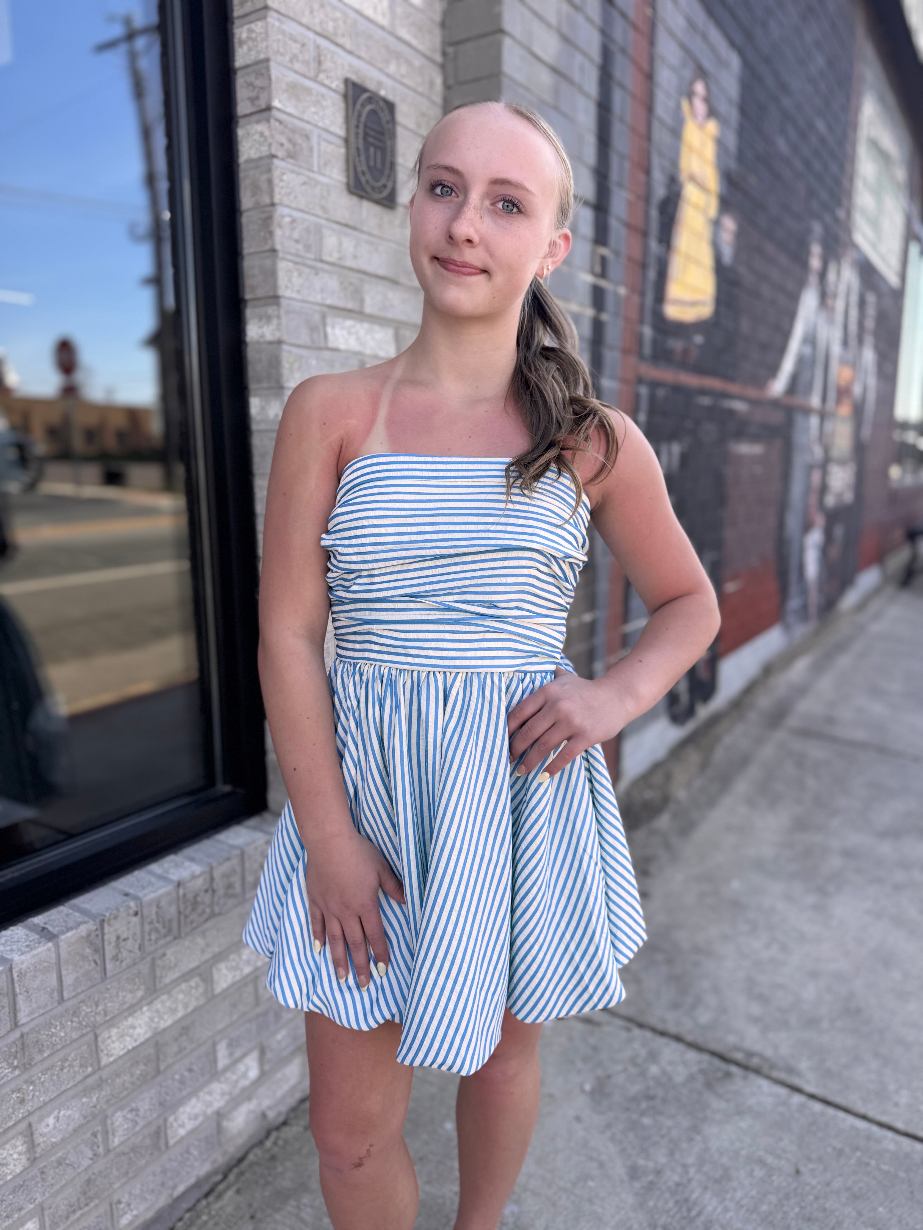 Striped Elasticized Smocked Bodice Strapless Dress