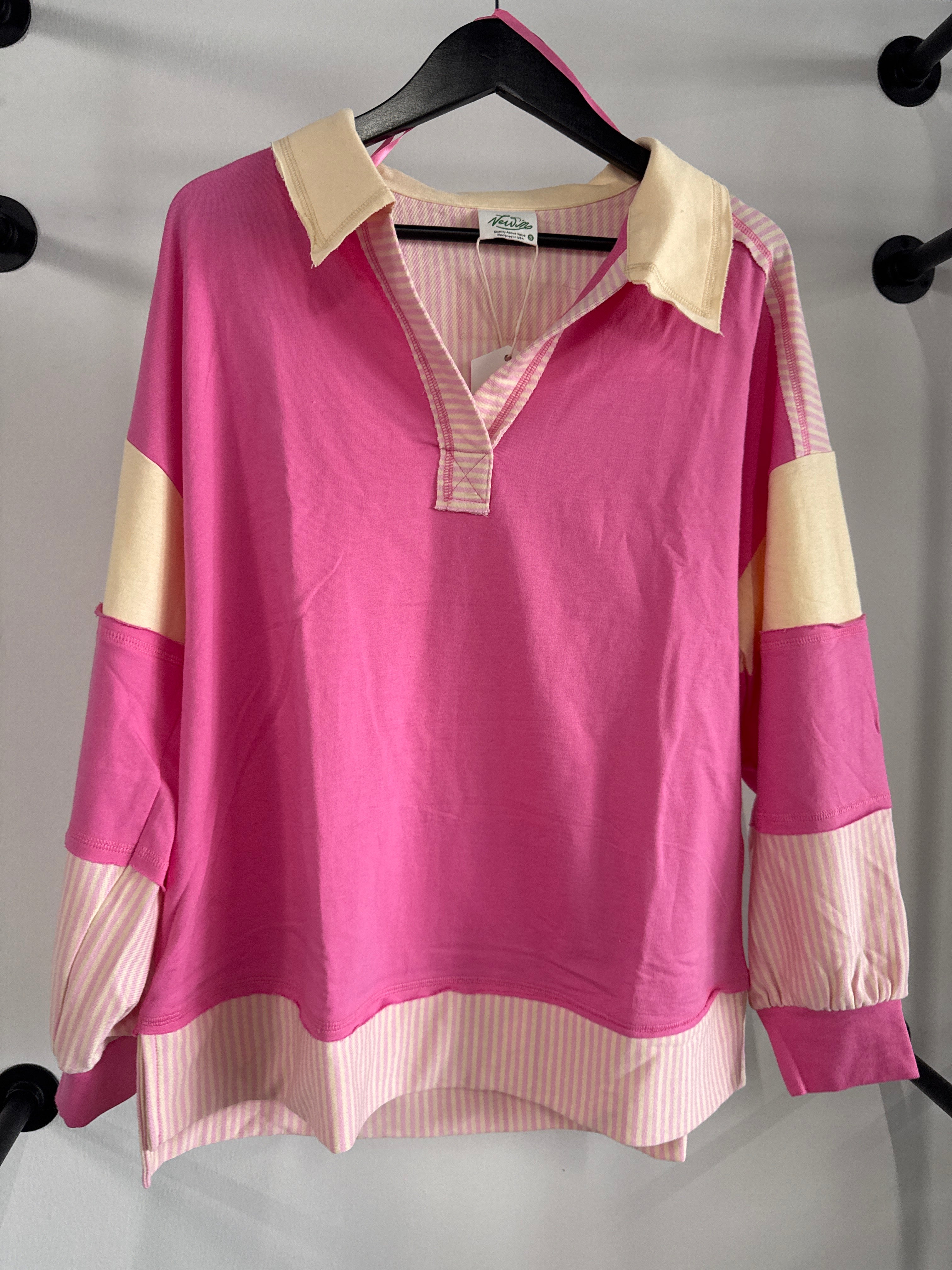Pink Colorblock Collared Top