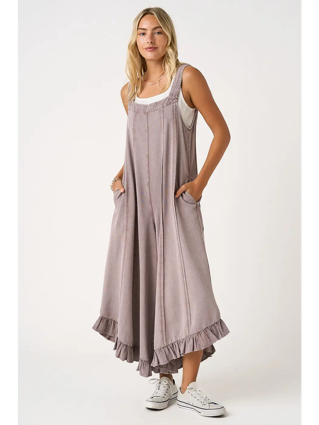 Mineral Washed Ruffle Flare Wide Leg Jumpsuit