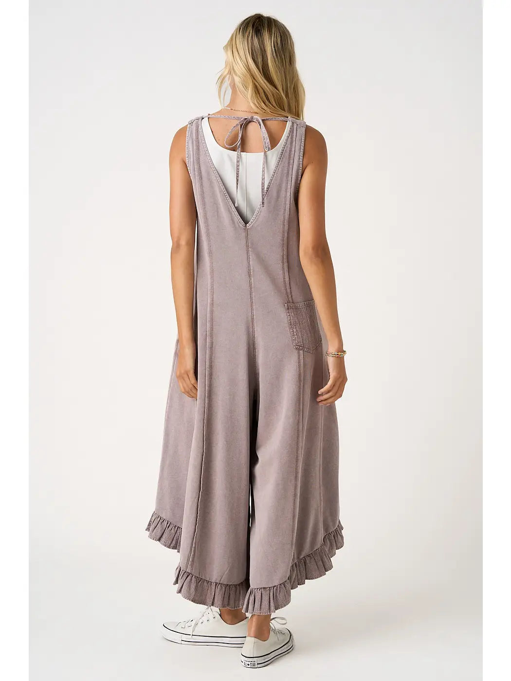Mineral Washed Ruffle Flare Wide Leg Jumpsuit