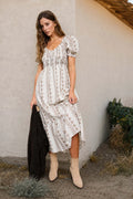 Floral Stripe Puff Sleeve Ruffled Dress