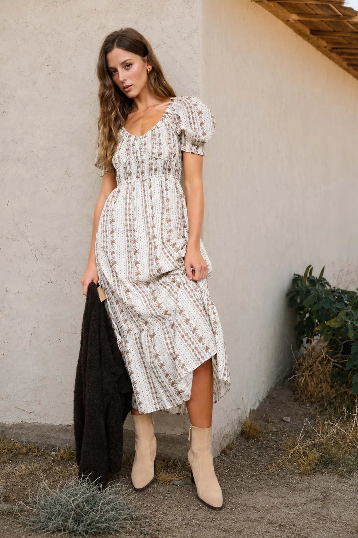Floral Stripe Puff Sleeve Ruffled Dress