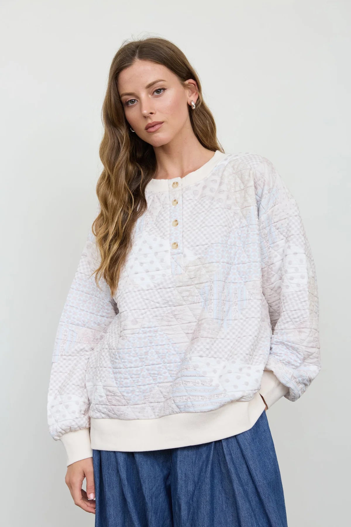 Multi Pattern Henley Quilted Jacket