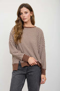 Stripe Exposed Seam Split Hem Long Sleeve Knit Top
