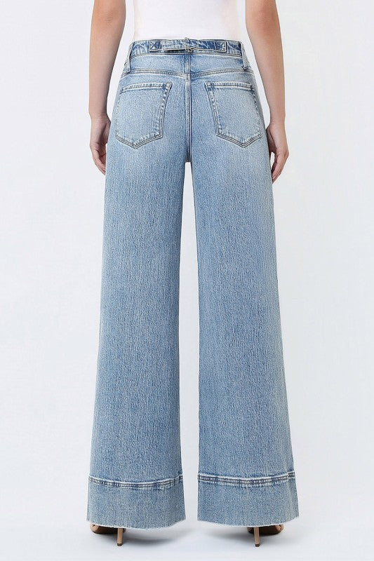 The Olivia High Rise Metal Buckle Trim Extreme Wide Jeans