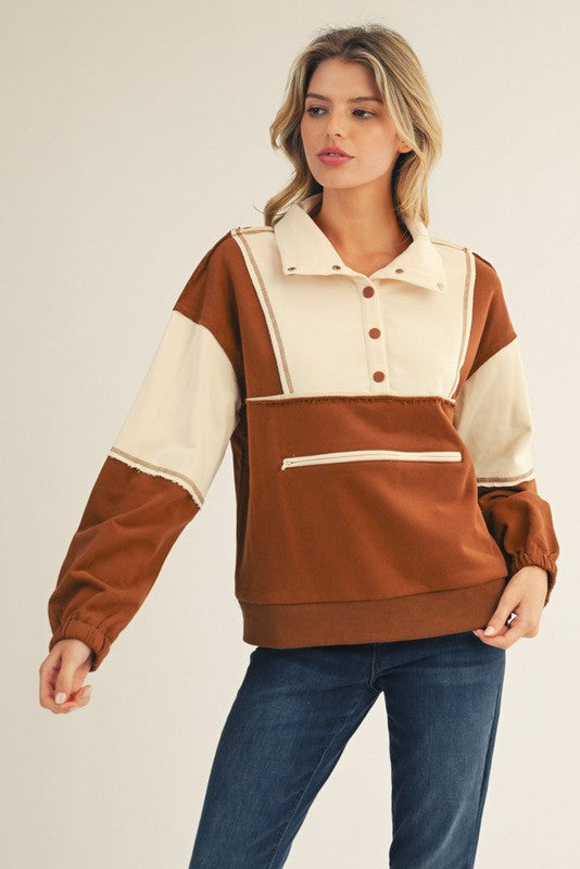 Reverse Stitch Detail Color Blocked Top