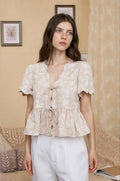 Floral Embroidery Front Tie Peplum Top
