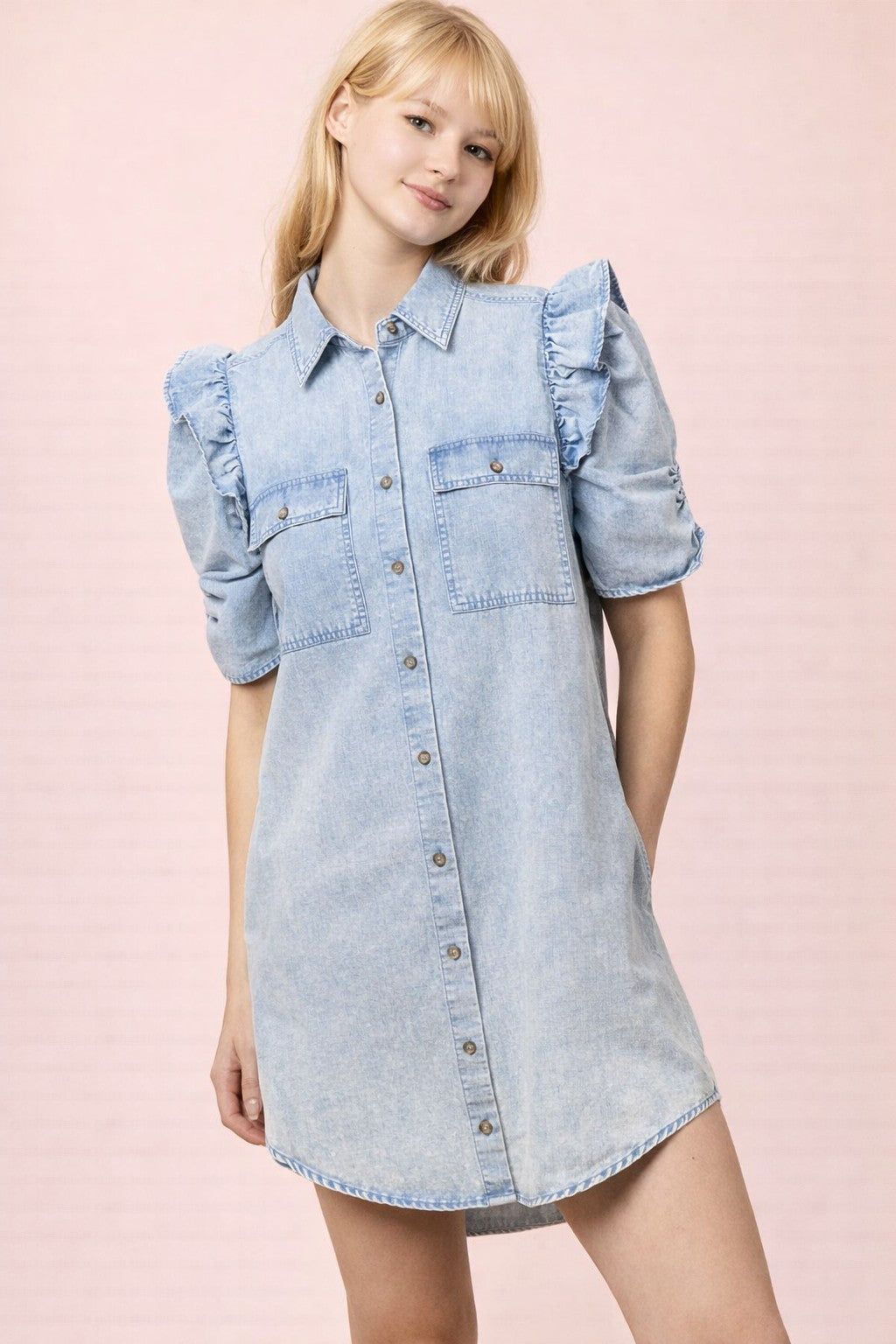 Mineral Washed Button Mini Shirt Dress
