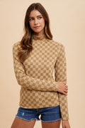 Checkerboard Mock Neck Rib Knit Top