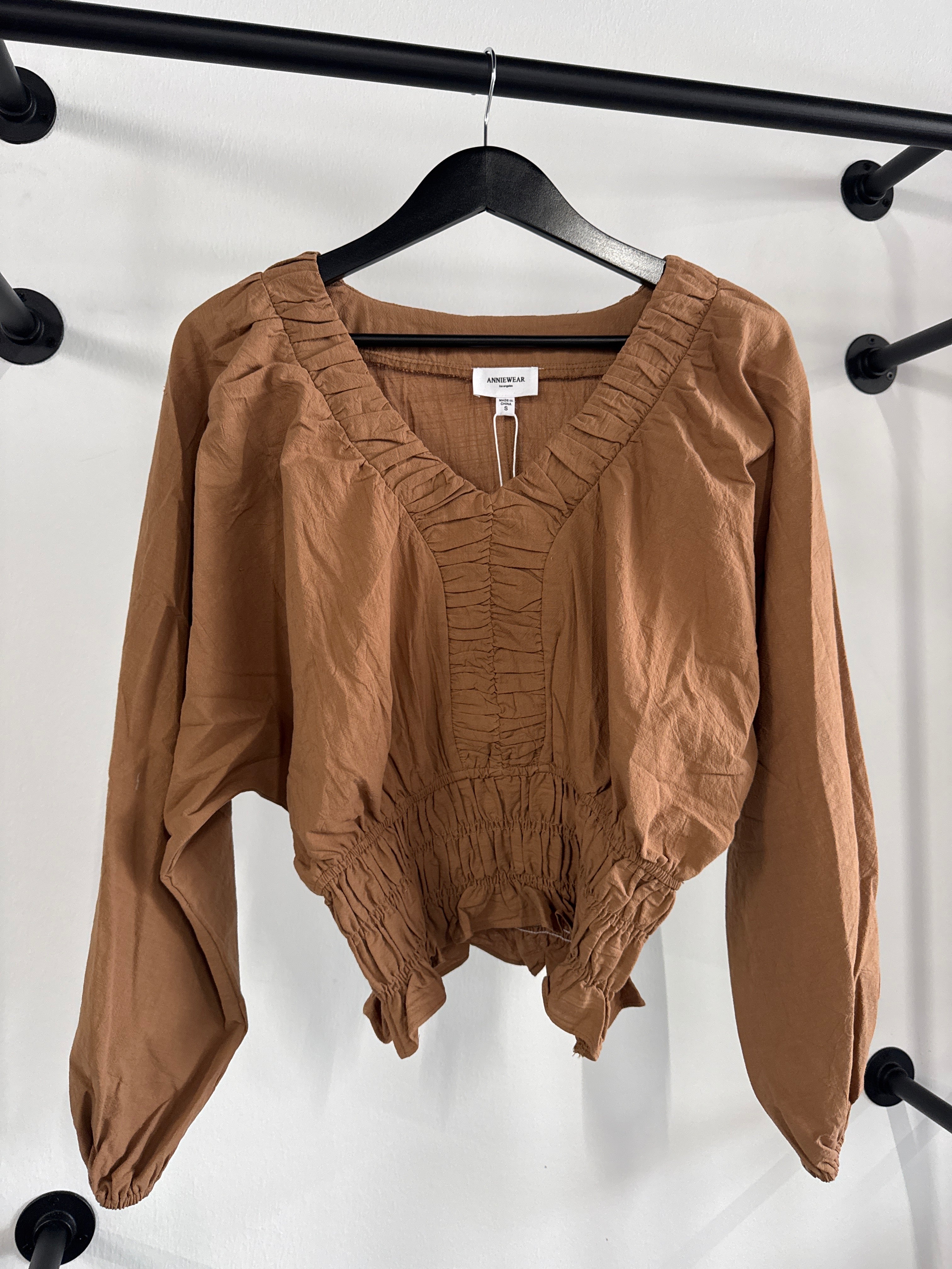 Camel Smocked V-Neck Blouse