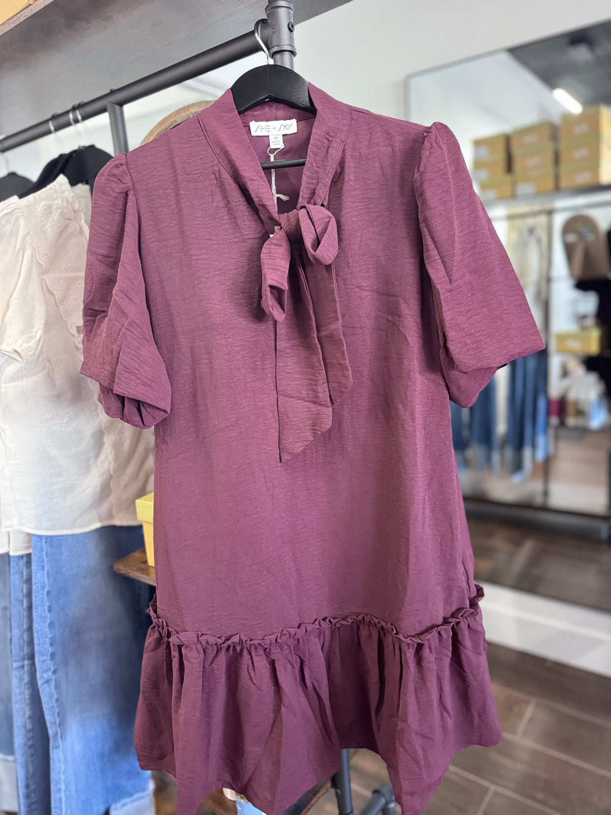 Short Puff Sleeve Bow Neck Mini Dress