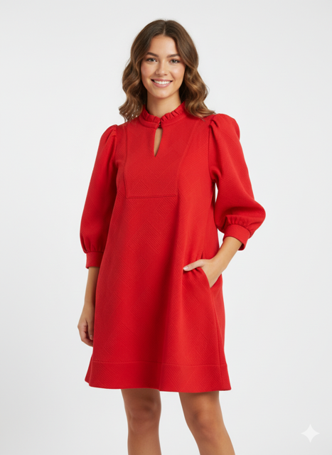 Textured Frilled Split Neck Dress (RED)