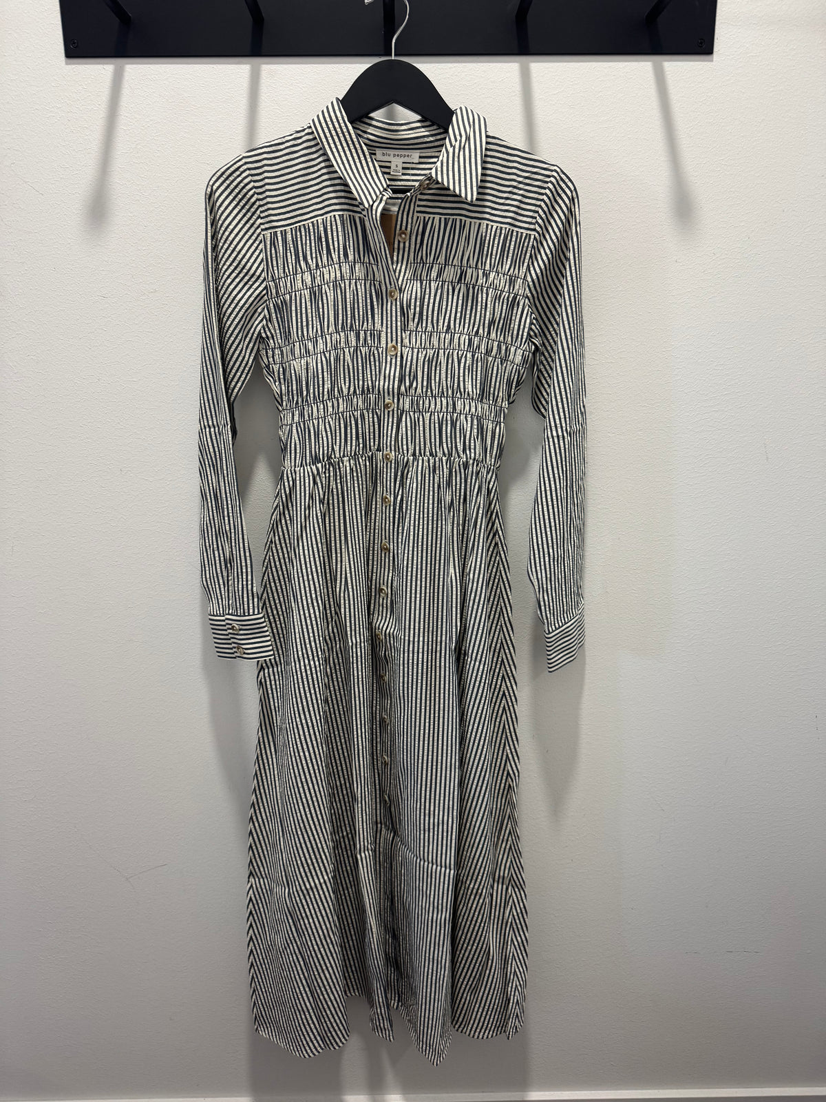 Striped Shirred Collared Long Sleeve Shirt Dress