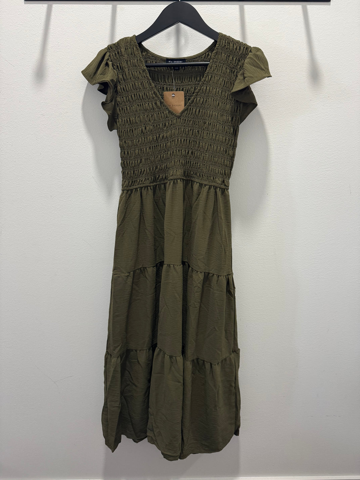 Flutter Sleeve V Neck Smocked Midi Dress