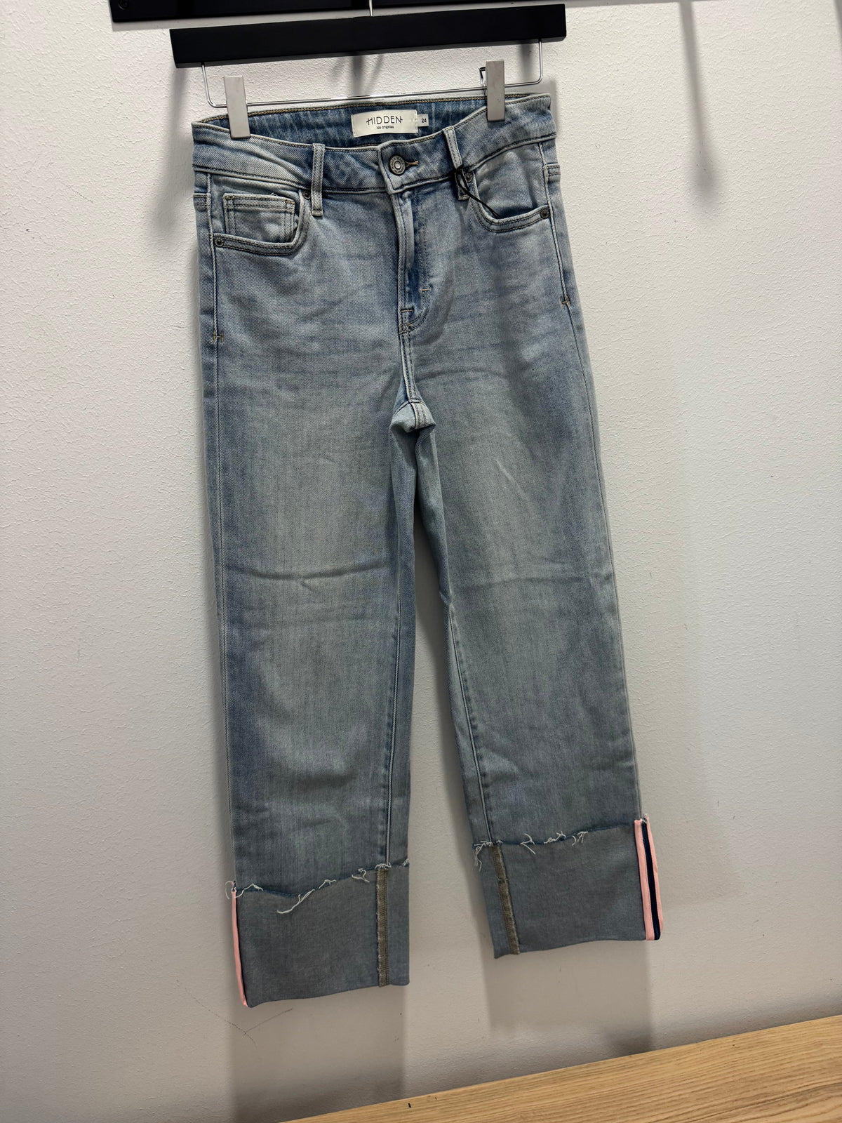 High Rise Cropped Pink Tape Jeans