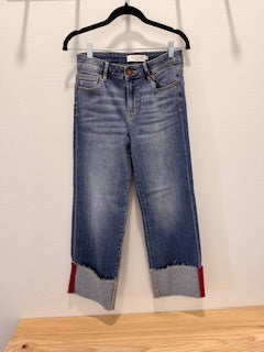 Hidden Ella Medium Wash High Rise Red Tape Cropped Cuffed Jeans