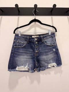 Risen Delaney Medium Wash Mid- Rise Button Down Shorts