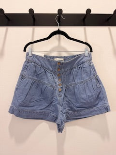 Risen Paisley Elastic Band Medium Wash Shirred Detail Shorts