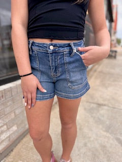 High Rise Patch Pocket Denim Shorts