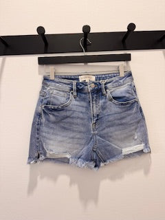 April Risen High Rise Distressed Washed Side Hem Shorts