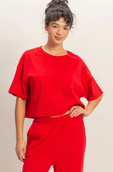 Boxy Crew Neck Top With Pocket