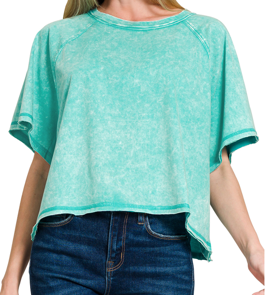 Acid Washed Round Neck Crop Tee