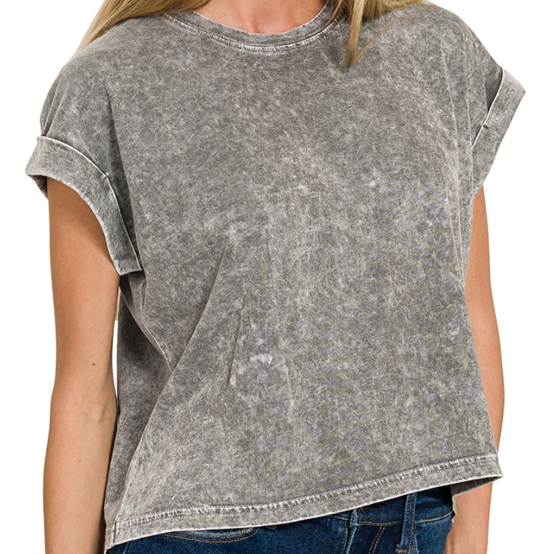 Halo washed cotton cuffed short sleeve top