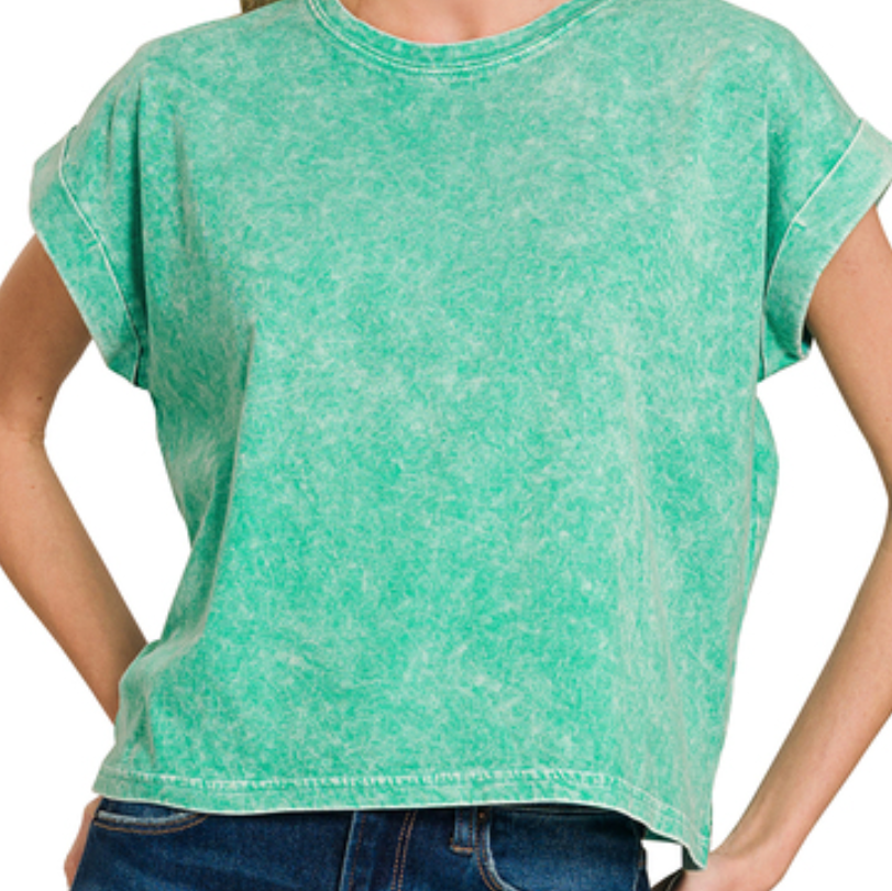 Halo washed cotton cuffed short sleeve top
