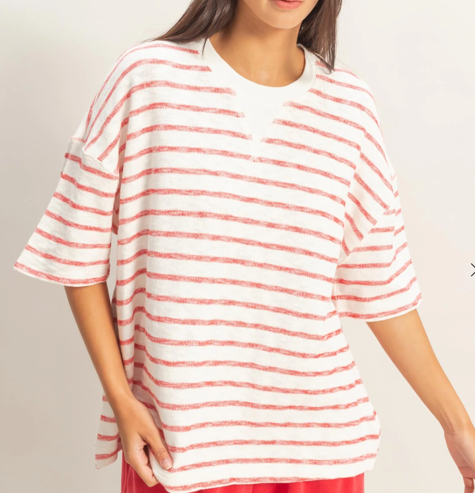 Oversized Striped V-Stitch Short Sleeve Top