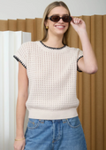 Textured Knit Contrast Trim Short Sleeve Sweater