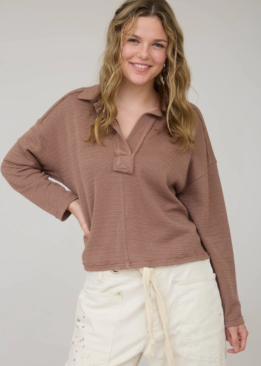 Brown Exposed Seam Long Sleeve Textured Knit Polo