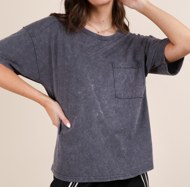 Curvy Mineral Washed Knit Top With Pocket
