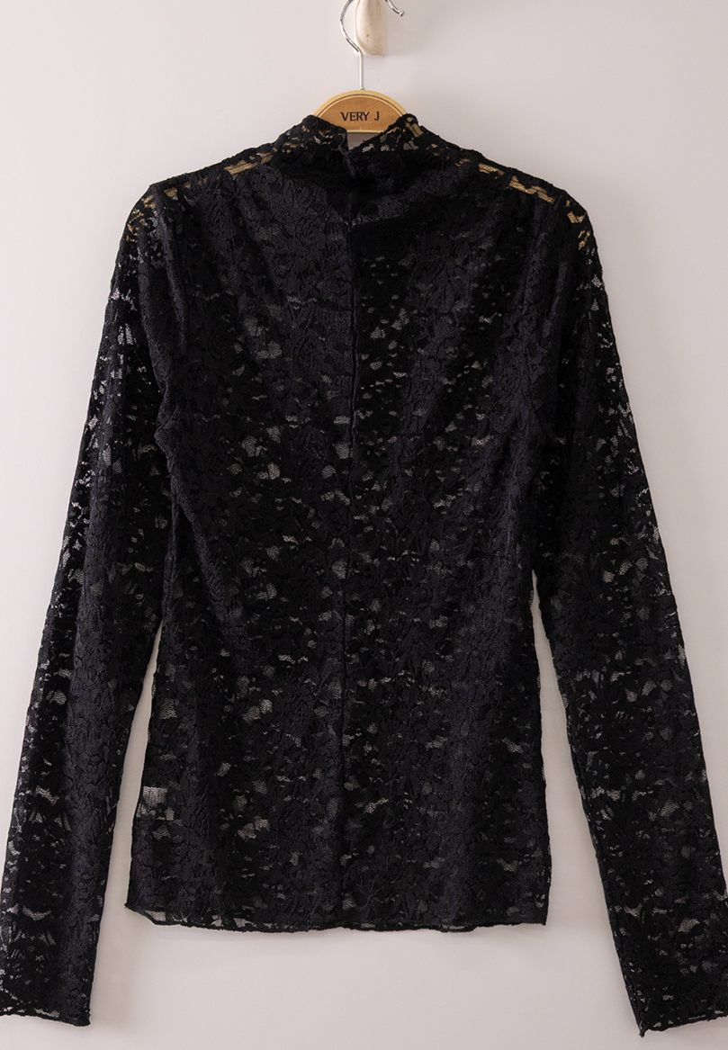 High Neck Fitted Sheer Mesh Lace Top
