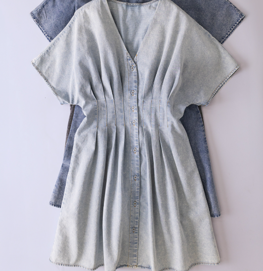 Pintuck Detail Mineral Washed Chambray Mini Dress