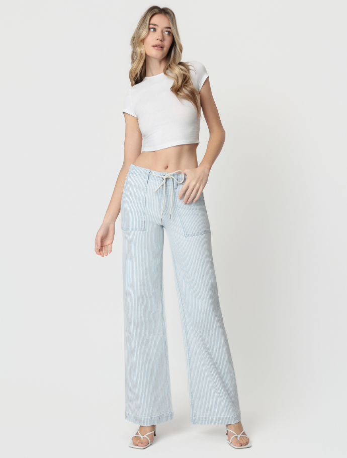 High Rise Drawstring Elastic WB Striped Wide Jeans